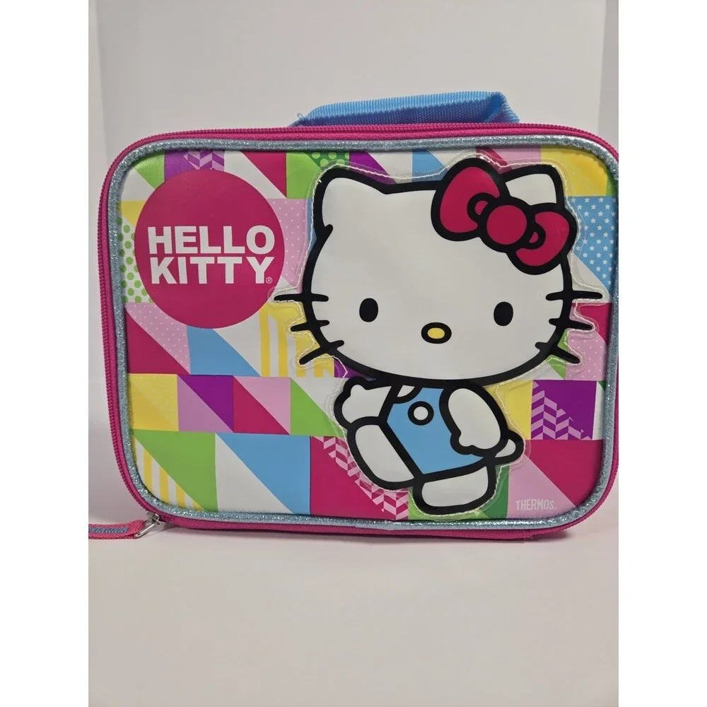 Hello Kitty Thermos Lunch Box Sanrio 2015 Pink Blue Insulated Bag Geometric